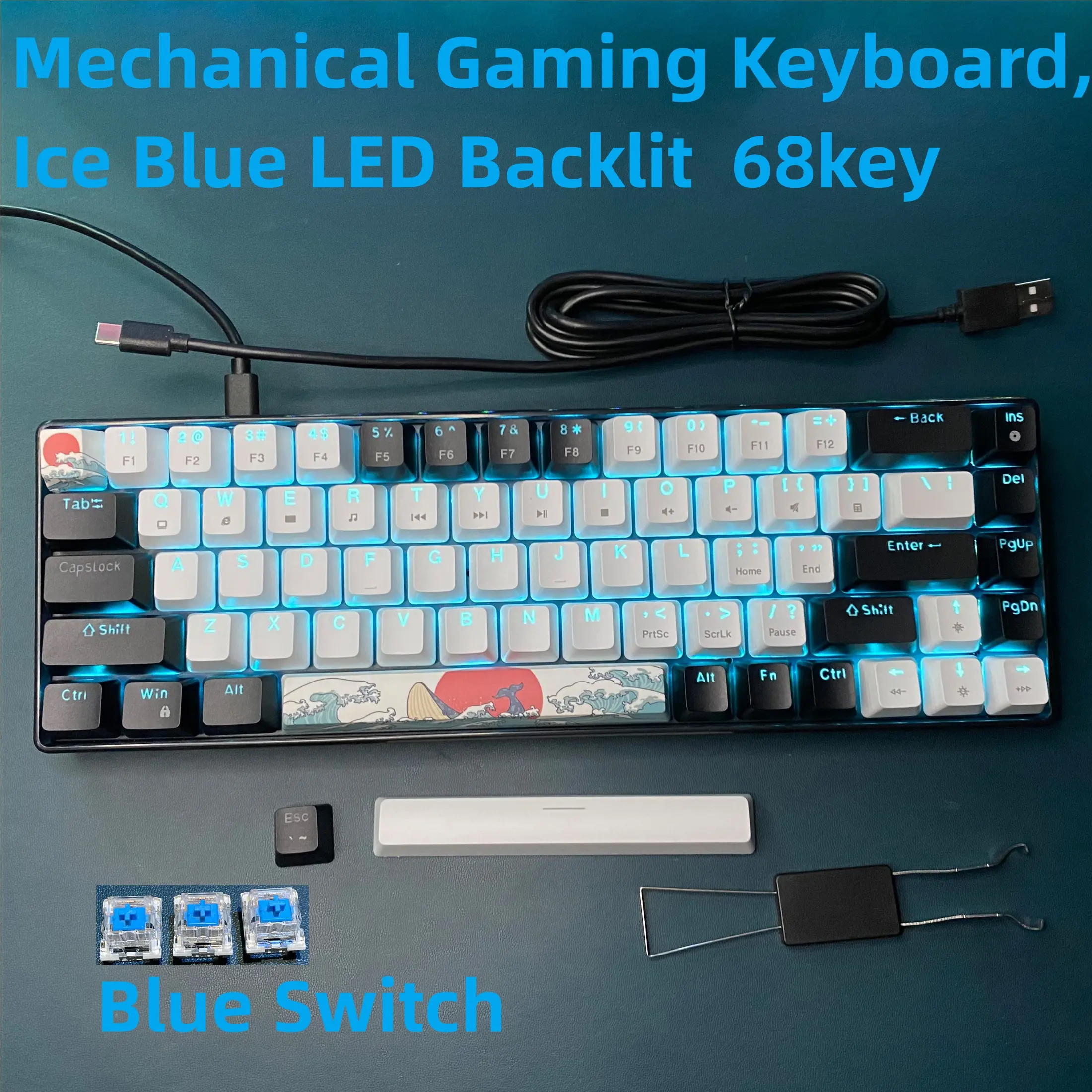 HXSJ 68-key Portable Ergonomic Design Mechanical Gaming Keyboard, Sea Blue LED Backlit Compact Mini Wired Office Keyboard with Blue Switch for Windows Laptop PC