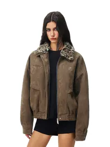 Barn Jacket with Detachable Leopard Collar FDR Unisex Plain Casual Minimalist Loose Fit Women's Coat Pu Patchwork Trendy Outerwear for Daily Wear Heavyweight Zipper Short Tops Womenswear #valentinesday #tiktokshopjumpstartsale #valentinesdaygift SpringSta