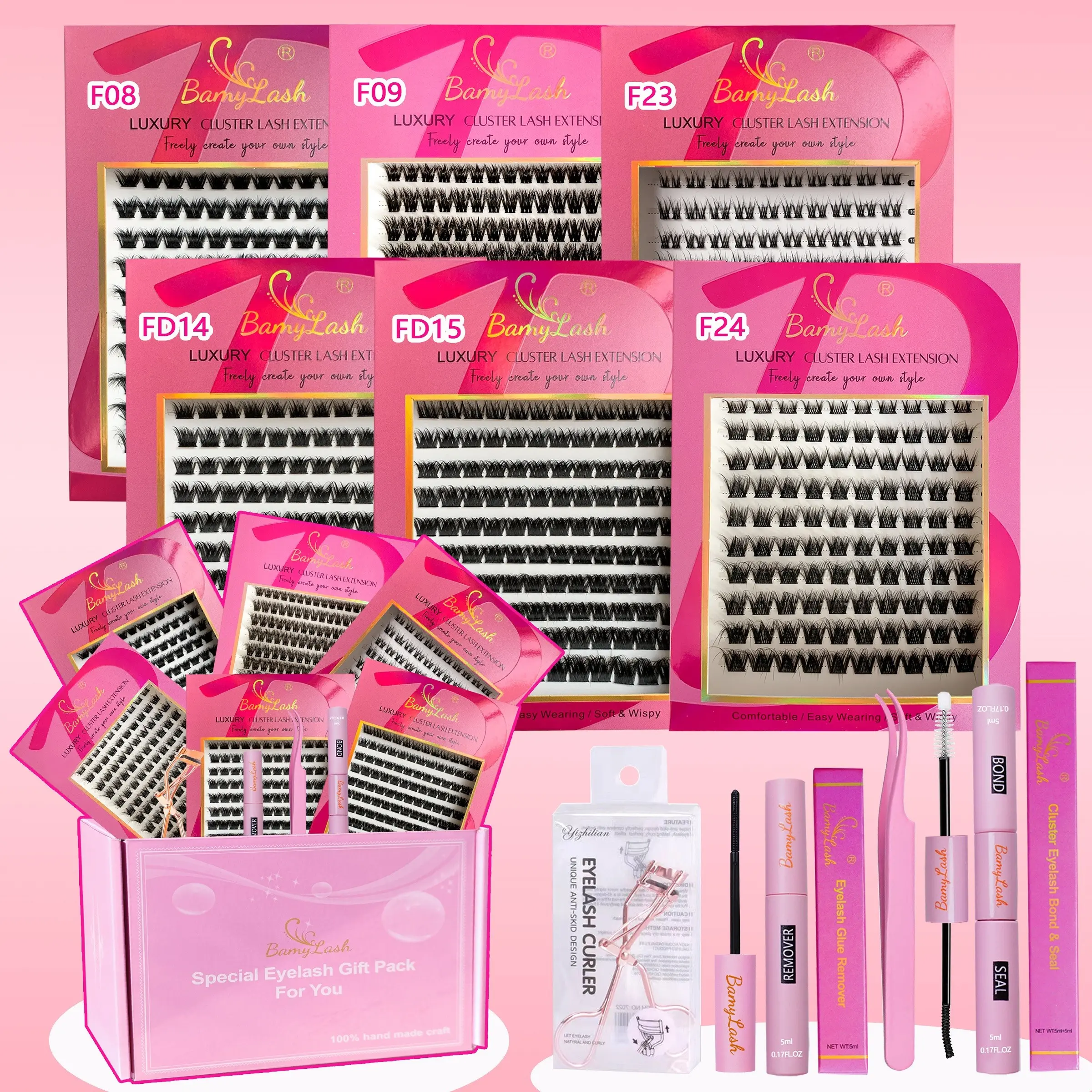 6 Boxes lash kit D-curl DIY eyelash set with bond seal remover applicator cluster, False Lash Clusters, Makeup Lash Clusters, Gift box for friend family, beginner-friendly, Beginner friendly eyelashes, Eyelash Extensions Kit
