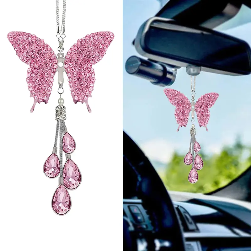 Pink Crystal Butterfly Hanging Ornament Decorative Rhinestone Butterfly Charm Gift Pendant Elegant Hanging Decoration for Gift Wrapping, Party Favor Bags, Office Desk Decor, Home Decoration, Window Ornament, Backpack Accessory and Gift for Women Girls
