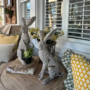 18" Set of 2 Mossy Flocked Bunny Statue