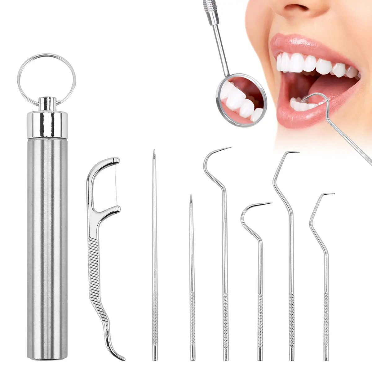 KOMOX 7Pcs/set Portable Stainless Steel Toothpicks Pocket Set, Reusable Metal Toothpicks Cleaning Kit with Holder for Outdoor Picnic Camping Travel