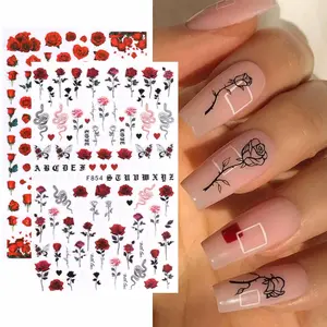 2 Pcs Romantic Rose French Nail Art Stickers, Butterfly Rose Snake Pattern Valentine's Day DIY Self-Adhesive Nail Decals, Flower Nails, Suitable for Women and Girls