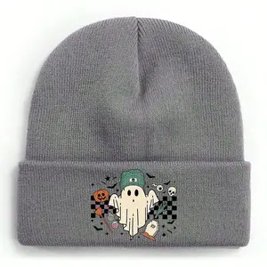 S&T A Ghostly Halloween Scene With Pumpkins, Brooms, And TombstonesWinter Beanie For Men Women Soft Warm Knit Hat Ski Stocking Cuffed Cap