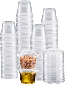 1oz Sturdy Disposable Plastic Portion Cups with Leak-Proof Lids, 200-Pack Stackable Condiment Cups for Meal Prep, Portion Control - Home & Party Disposable Tableware Containers
