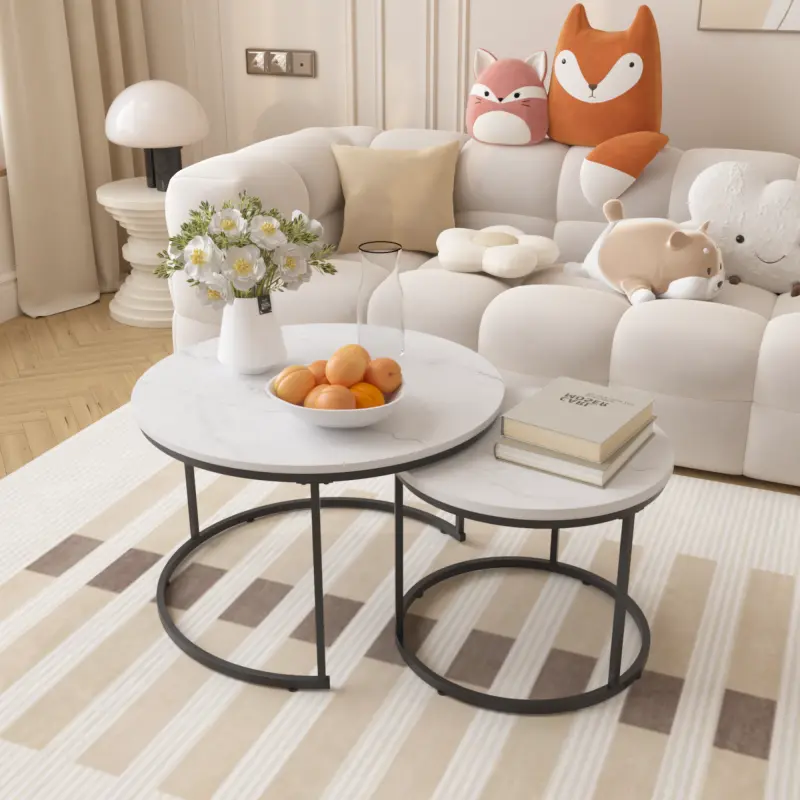 【Bellemave】Nesting Coffee Table Set of 2  27.6inch Round Coffee Table Wood Marble Pattern Top with Sturdy Metal Frame, End Table Side Tables for Living Room Bedroom Balcony Yard (White)