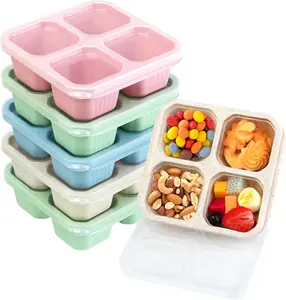 6 Pack Snack Containers, 4 Compartments Snack Boxes for Kids, Wheat Straw Meal Prep Reusable Food Storage Lunch Containers for Adults & Kids
