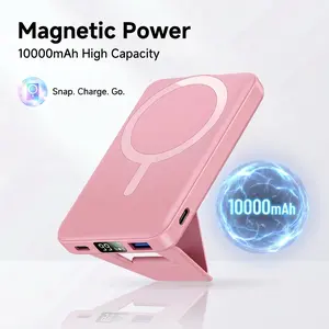 Podoru 10000mAh Silicone Magnetic Power Bank, 15W MagSafe Wireless Charger with Foldable Stand Fast Charging Mobile Smartphone Battery Pack, Pink with Cable Accessories for iPhone 17/16/15/14/13/12 Series