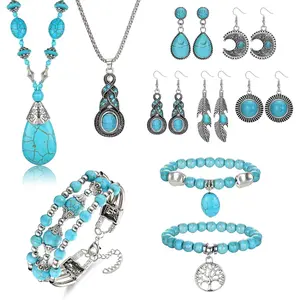 Western Turquoise Jewelry Set for Women - Boho Vintage Pendant Necklace, Stackable Bracelets & 5 Pairs Dangle Earrings - Retro Cowboy Jewelry Gift Set