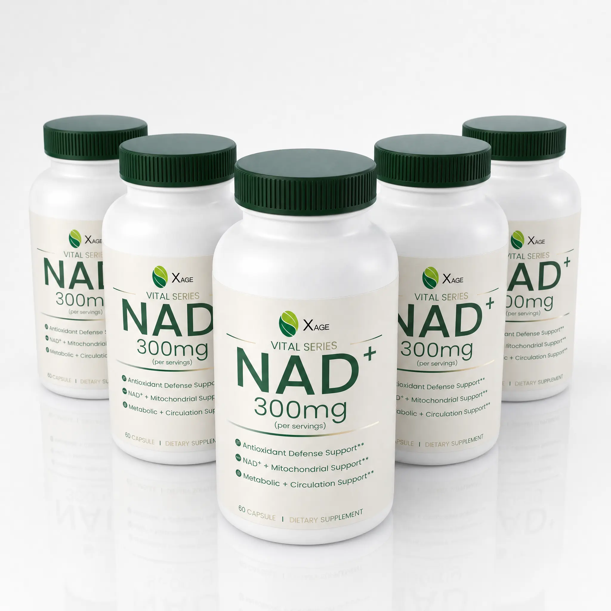 XAGE NAD+ 300mg Supplement Capsules, 5-Pack, 300 Count, Daily Vitality Formula with Caffeine-Free Energy, Cellular Health, Metabolic Wellness & Antioxidant Support