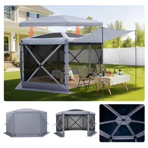 VEVOR Pop up Gazebo Screen Tent, 12 x 12 ft Large 6-Sided Camping Canopy Tent with Removable Top & Carry Bag, Quick-Set & Bite-Proof, Screen House Sun Shelter for 8-10 Persons Backyard Patio, Grey