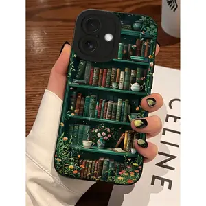 A Green Bookshelf, Books and Plants Design Shockproof Phone Case, Suitable for iPhone 17 Air/16 Plus/15 Pro Max/14 Pro/13/12/11/XS Max/X Phone Case, Ideal Gift for Family, Friends, Lovers, Boyfriend, Girlfriend, Best Choice for Holiday Gifts MS197