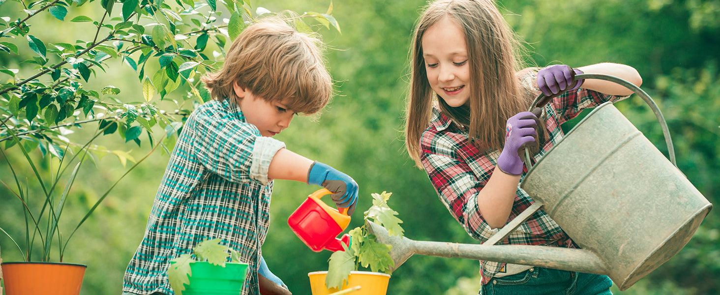 COOLJOB 3 Pairs Kids Gloves, Grippy Rubber Coated Garden Work Gloves for Children, Purple & Pink & Yellow