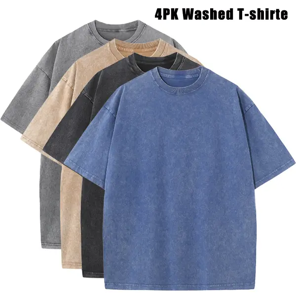 4-Pack Men's Plus-Size Vintage Heavyweight Sports T-Shirts 100% Cotton Acid Wash Finish Loose Fit Summer Sweat Absorption Multiple Colors