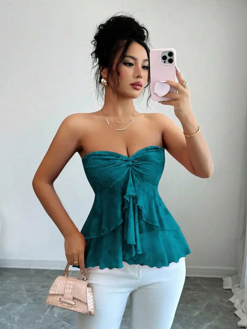 Trendy Tron Chic Pink Floral Ruffle Hem Camisole Top for Casual Spring and Summer Outfits