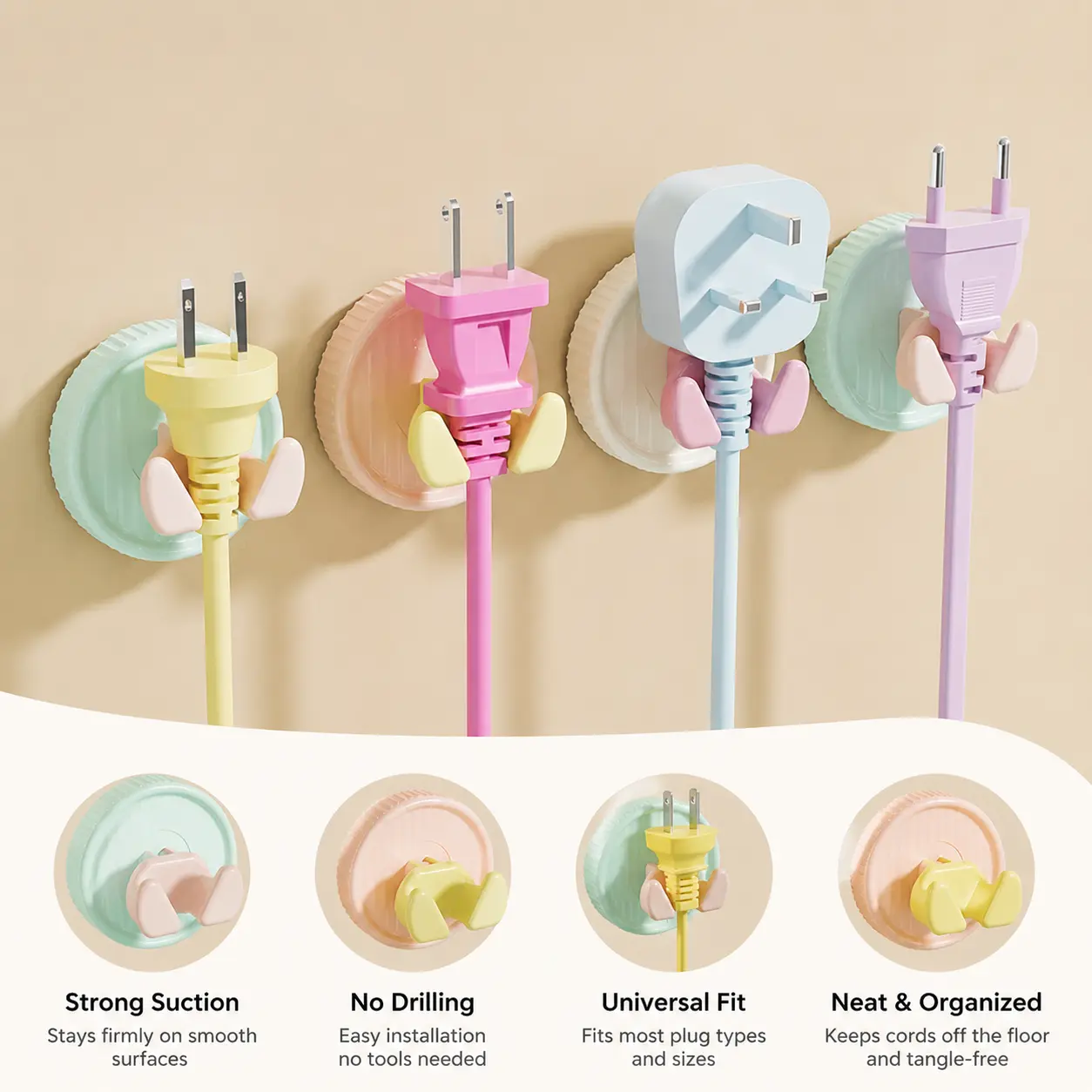 No-Drill Suction Cup Power Plug Hook - Smooth Installation, Detachable Wall Mount Hanger for Most Plugs, Laundry Cord Storage, Home Organiser (1 Count), Macaron-Style
