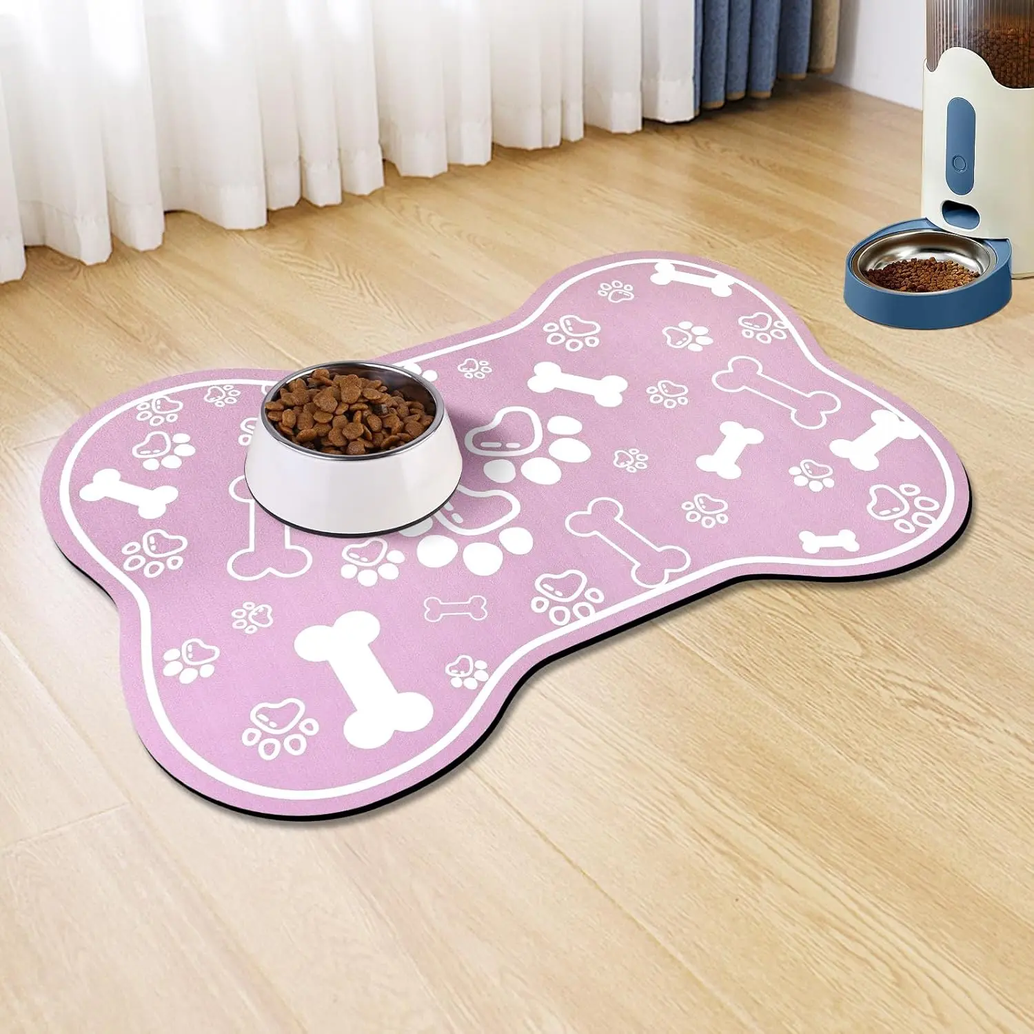 Large Waterproof Pet Placemat Bone Shaped Design Non Slip Dog Cat Feeding Mat Absorbent Diner Tray Easy Washable for Food Water Bowls Protects Floors From Mess