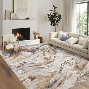 Garvee Machine Washable 8x10 Area Rug for Living Room, Non-Slip Soft Low Pile Modern Abstract Design, Foldable for Nursery, Bedroom, Dining Room, Office, Brown