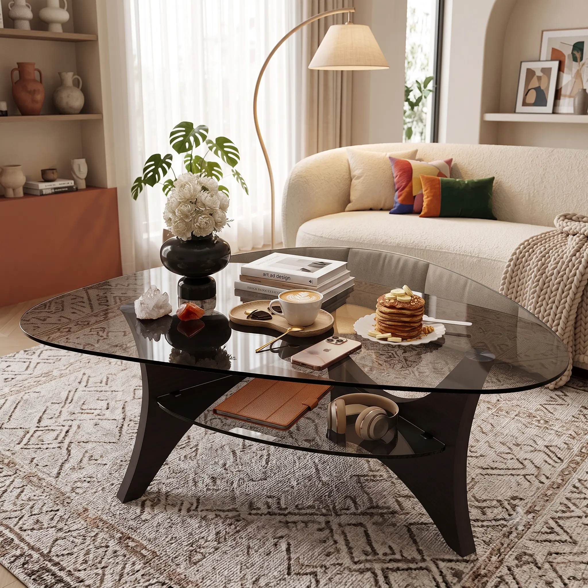 Rectangular Black Mid-Century Modern Glass Top Coffee Table (32.3x23" x16"), Quick Set-Up Indoor Furniture with Ample Space for Living Room, Office, Wood Base