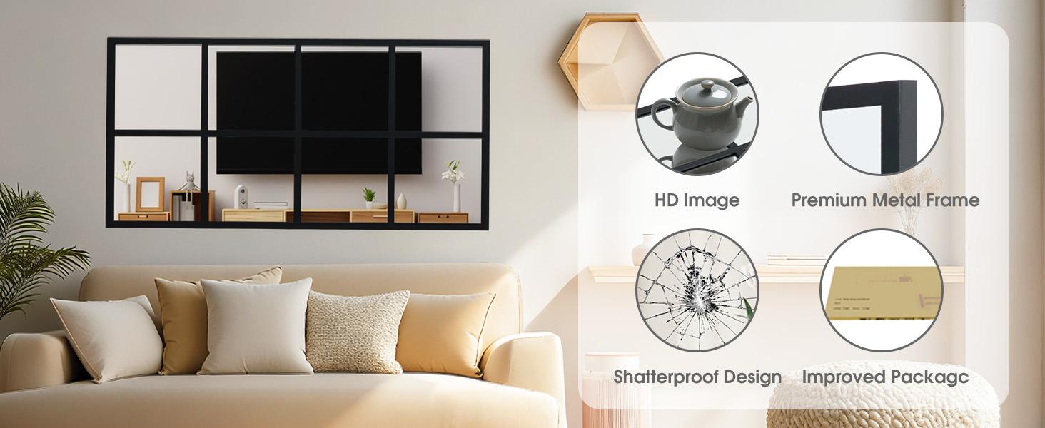 Modern Wall Mirror with Metal Frame, HD Shatterproof Vanity Mirror for Bathroom Bedroom Entryway & Living Room, Contemporary Decorative Hanging Mirror for Home Gym & Dining Room