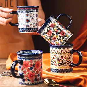 Taufikt 4-Piece Floral Porcelain Mug Set, 15.5oz Hand-Painted Handle Cups for Coffee, Tea, Microwave-Safe Reuse Drinkware, Mother's Day Gift