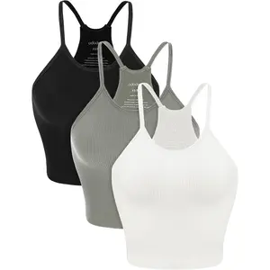 ODODOS Women'S Crop 3-Pack Seamless Rib-Knit Camisole Crop Tank Tops ODODOS