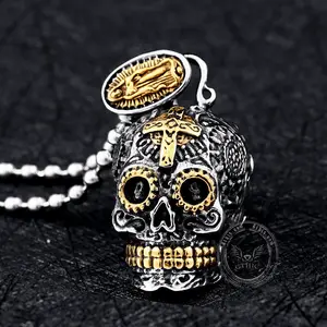 GTHIC Vintage Cross Sugar Skull Stainless Steel Pendant for Men Women Gothic Personalized Accessory Daily Wear