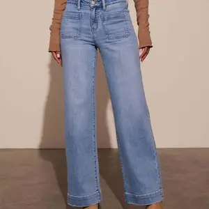 Women's 2025 Spring New High-Rise Wide-Leg Jeans, Cotton Fabric Clothes for Women, Mid Waist Retro Temperament Trousers with Double-Pocket Denim Bottom Design