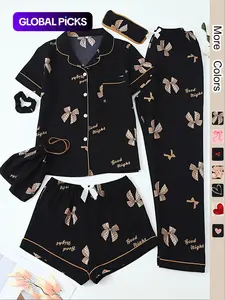 Women's All Over Print Top & Shorts & Pants & Accessories Pyjama Set, Casual Comfy Loose Loungewear Pj Set, Ladies Sleepwear Pajamas for All Seasons