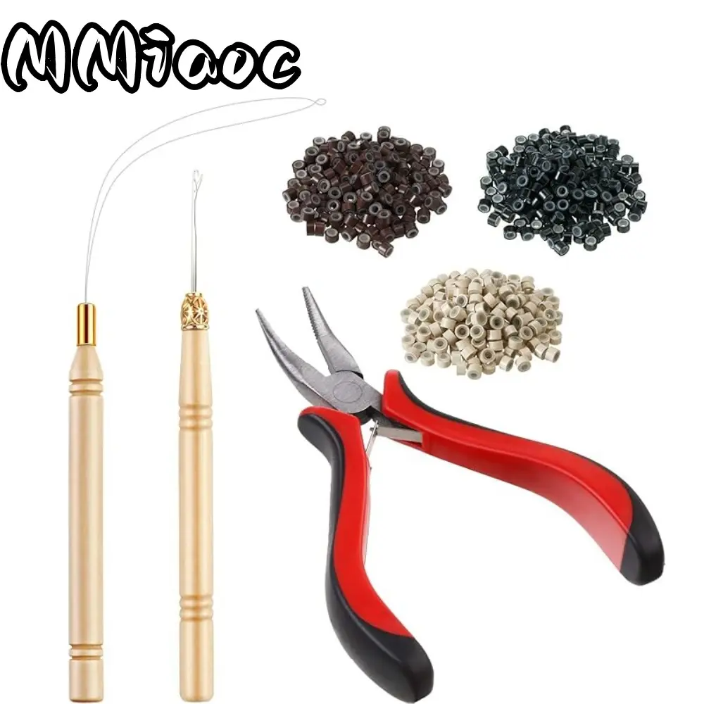 Women Hair Extension Kit, 600pcs Lined Micro Rings, 1 Pliers, 2 Pulling Hook Needle Sewing Bead Device Tool for Tinsel And Feather Hair Extensions Or Removal