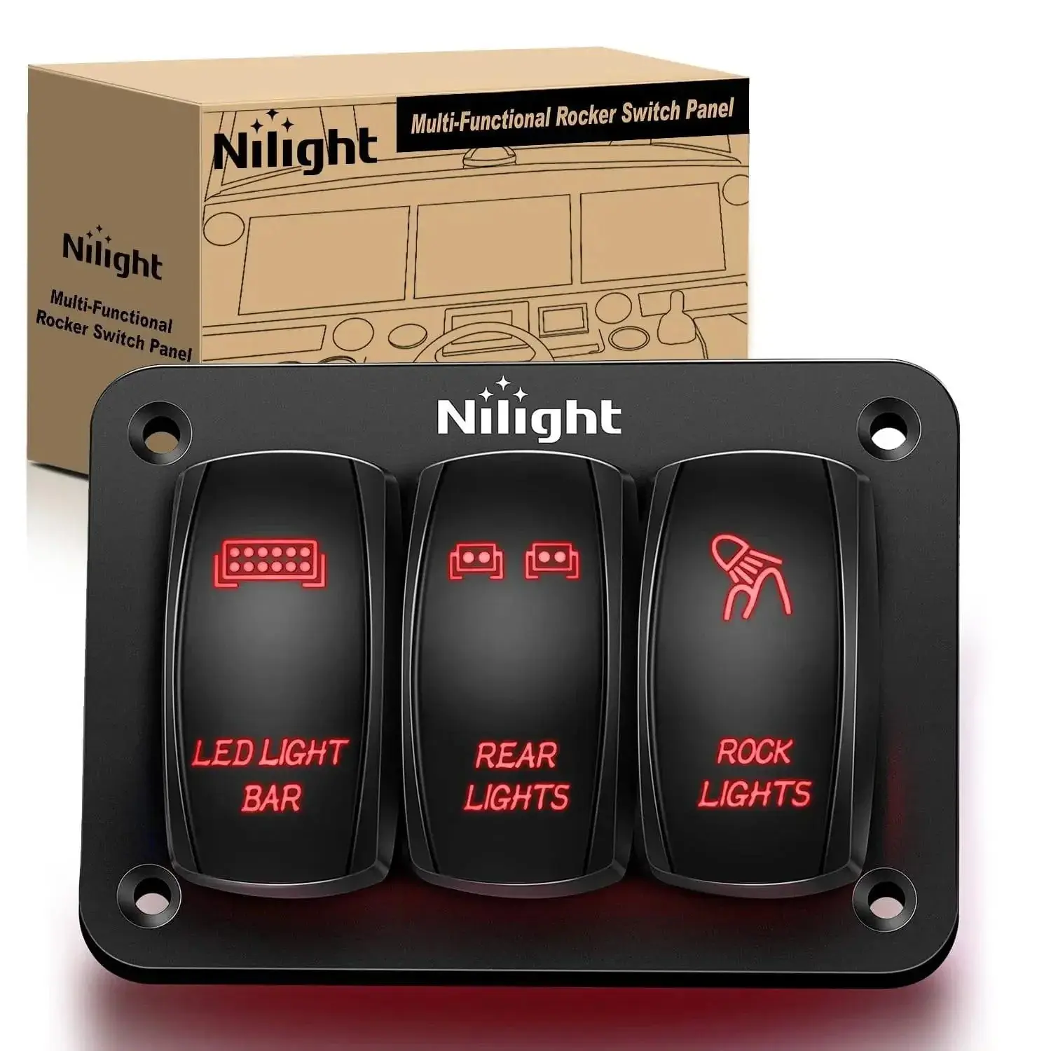 Nilight 3-Gang 5-Pin ABS Plastic Laser Etched LED Backlit Rocker Switch Panel, On/Off Control, Included Screws, Easy Disconnection, Fits 2-Gang Panels, DC 24V Hard-Wired for Marine Cars, Motorcycles, Yachts