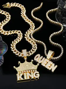 4pcs Punk Hip-Hop King Queen Letter Pendants, Sparkling Cuban Link Design Chain Layering Jewelry Set, Fashionable Letters Necklace for Men Women, Valentine's Gift