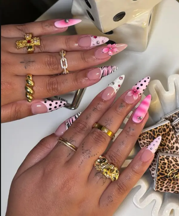 Animal Print Press on Nails, 3D Flower Stiletto Nails, Rhinestone Luxury Nails, Pink and Black Trendy Press Ons, Glamorous Nail Art
