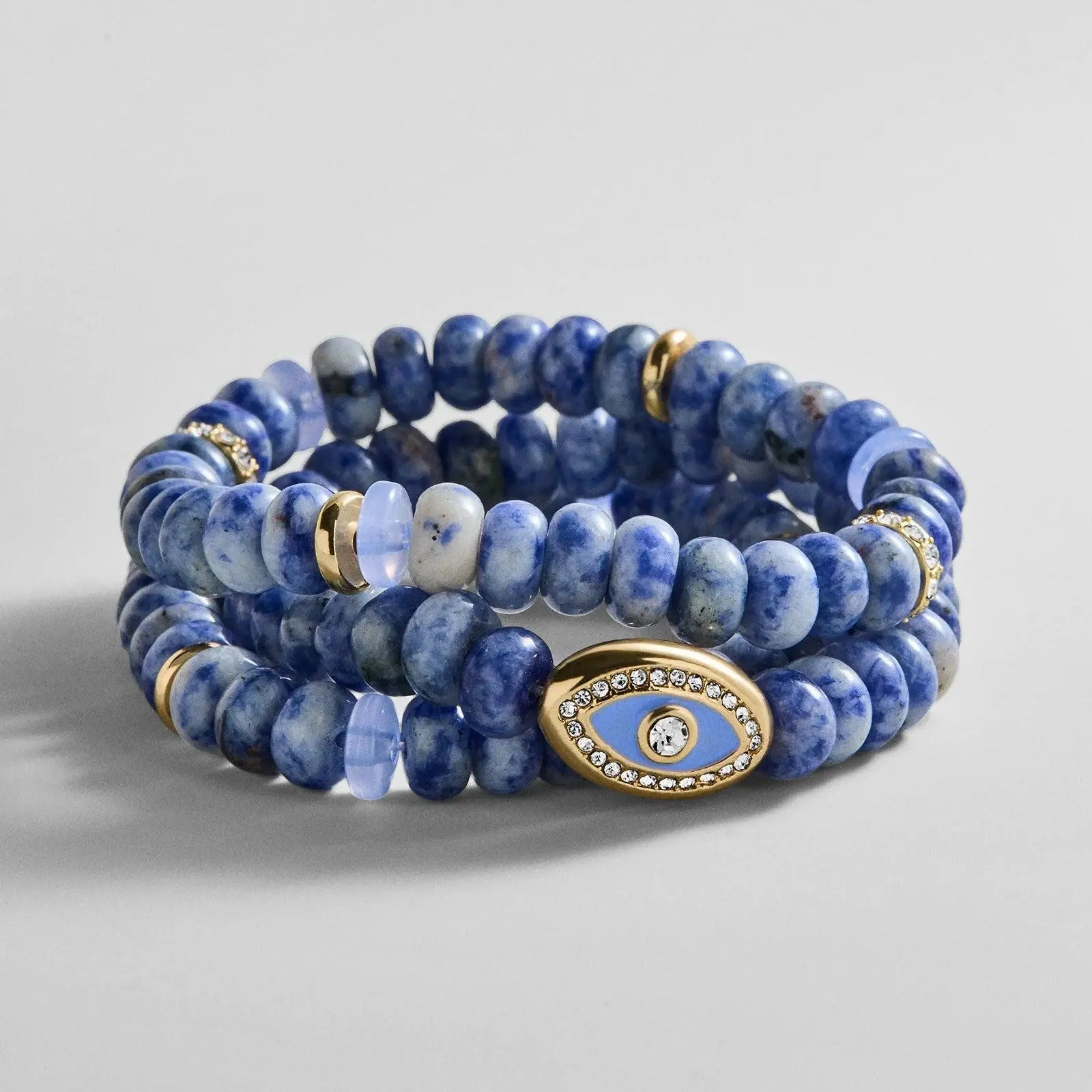 Energy Aligned Evil Eye Bracelet Combination Set - Beaded Wrist Stack with Blue Gemstone Bracelets & Bangles, Agate Sodalite Accents