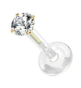 16G Gold Prong Round CZ Bioflex Labret Post