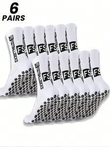 6 Pairs of Men's Mid-Calf Soccer Socks, Sports Fit Socks with Black & White FS Letter Color Blocking and Silicone Grip, with Mesh Ventilation Zones and Moisture-Wicking Quick-Dry Fabric, Hardcore Athletic Style for Game-Ready Performance
