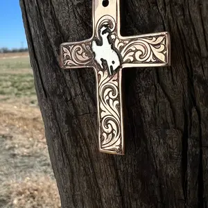 Handmade Copper Cross With Bronc Rider