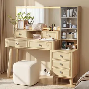 Furmax 48" Wood Vanity Desk with Mirror and LED Light, Makeup Vanity Desk with Storage Drawers & Transparent Glass Cabinet & Charging Station for Women and Girls, Dressing Table for Bedroom, Gift for Girlfriend, Daughter, Sister - Walnut