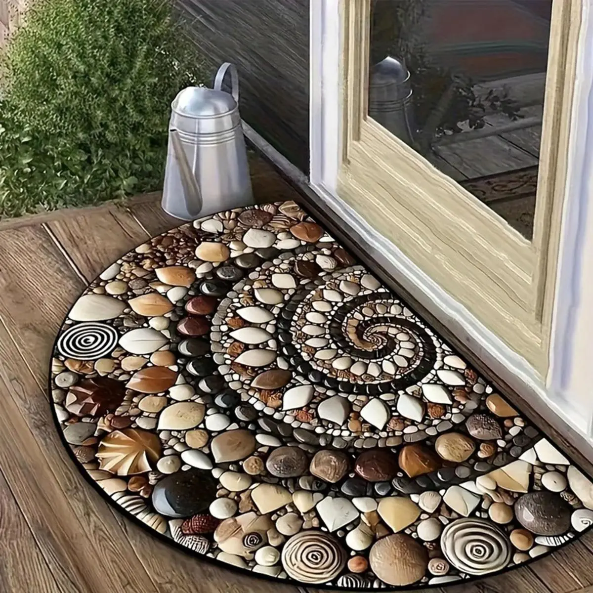Pebble Print Doormat - Non-Slip, Durable, Half-Round Design - Ideal for Home, Office, Balcony & More (Easy to Wash) River Rocks Outdoor Entryway Patio Porch Bathroom