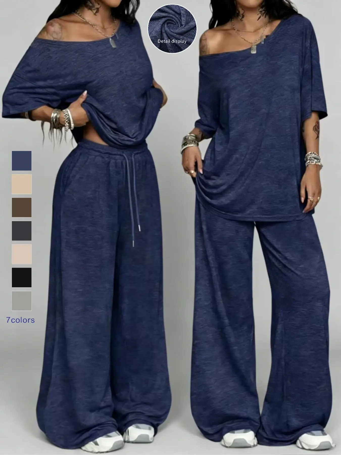 Women's Casual Solid Color Sports Two-Piece Set, Loose Asymmetrical Neckline Top and Wide-Leg Pants Set, Spring & Fall Fashion Wear, Athleisure Outfits, Athleisure Gym Clothes