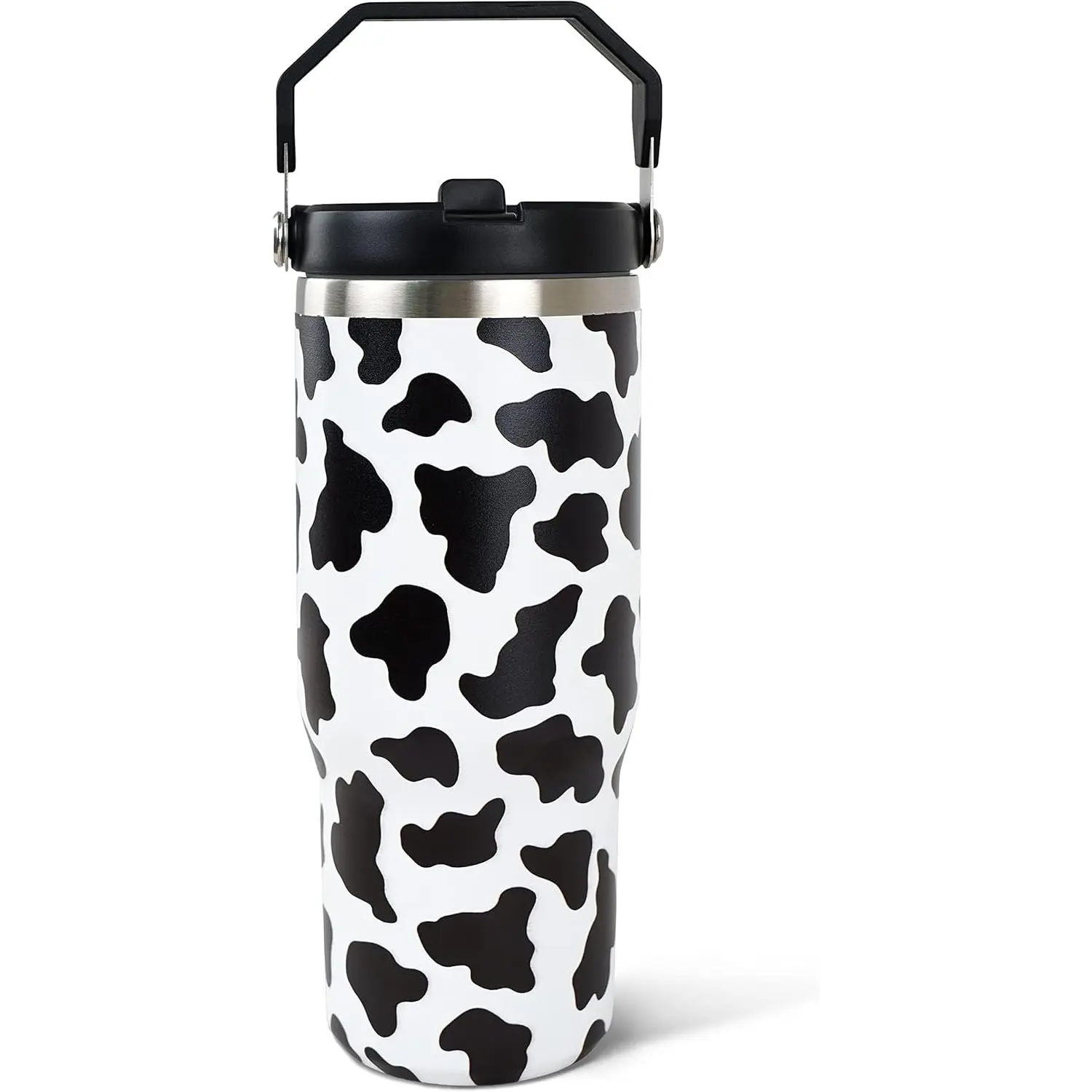 30oz Cow Print Stainless Steel Leakproof Vacuum Tumbler - Insulated Flask with Handle, Straw, Lid, Portable Coffee Mug for Cocktails, Women’s Birthday Gifts