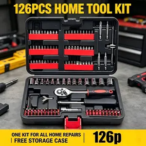 126-Piece Tool Set, 1/4" Drive Socket Ratchet Wrench Set, Multi-Function Bit Set, Tool with Drill Bit & Socket Set Metric & Extension Bar, for Auto Repair & Home Storage Box, Black Case, Multifunctional Wrench Set