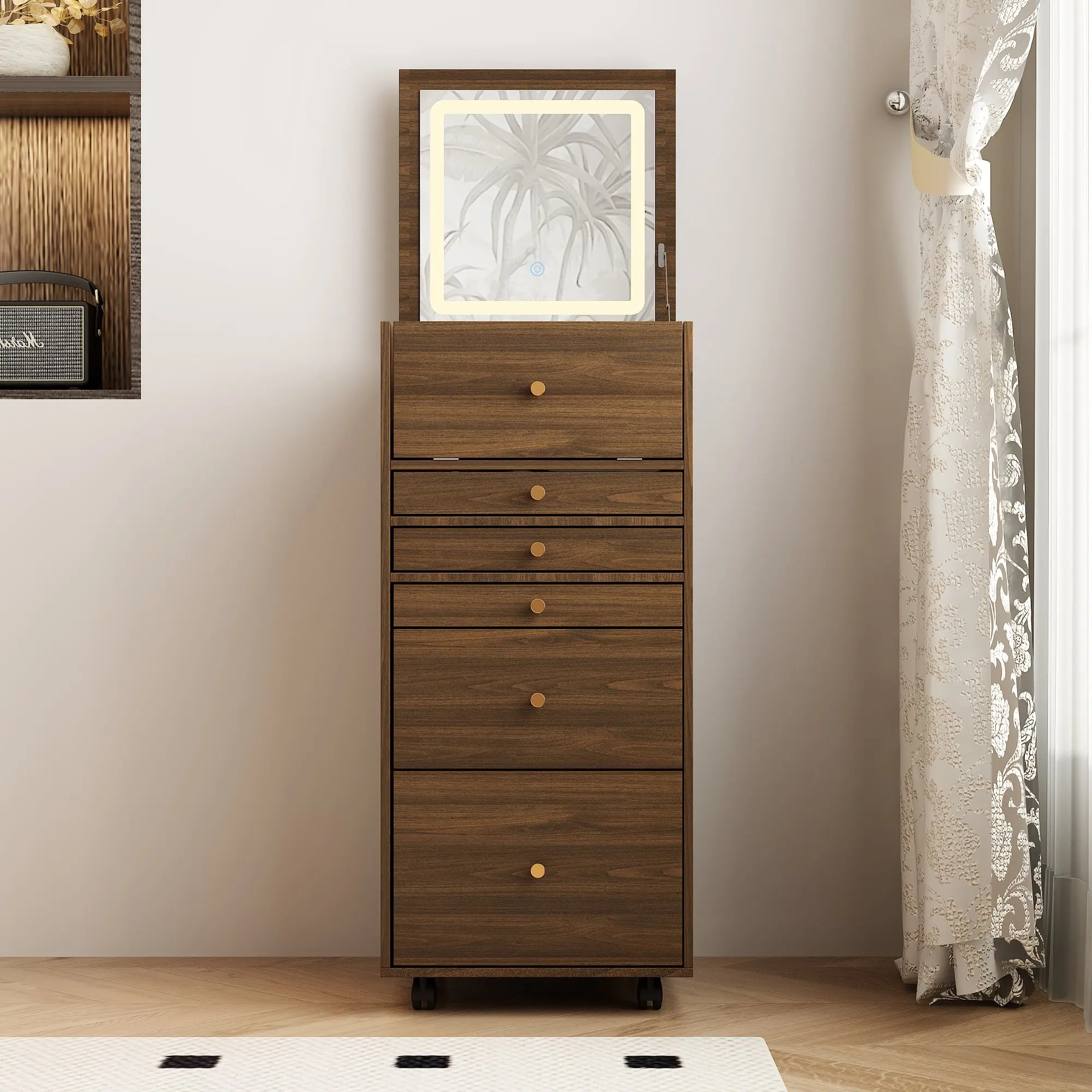 FUFU&GAGA 6 Drawer Makeup Vanity Dresser with LED Mirror, Mobile Tall Storage Chest with Lighted Flip-Top Mirror for Bedroom