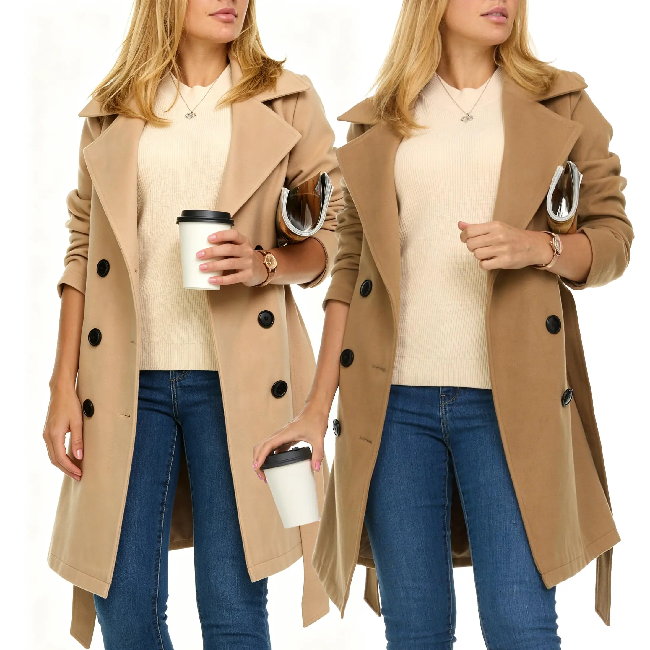 Buenoble Women Double Breasted Wool Blend Midi Trench Coat Notch Collar Adjustable Waist Belted Winter Overcoat,Casual Commute Outerwear Jacket
