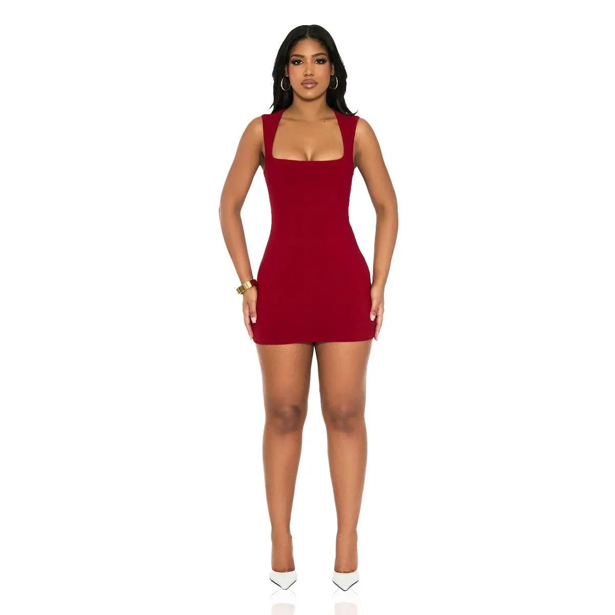 Valora Mini Dress (Wine) – Square Neckline, Wide Straps, Crepe Stretch Party Outfit, Date Night & Clubwear Dress for Women