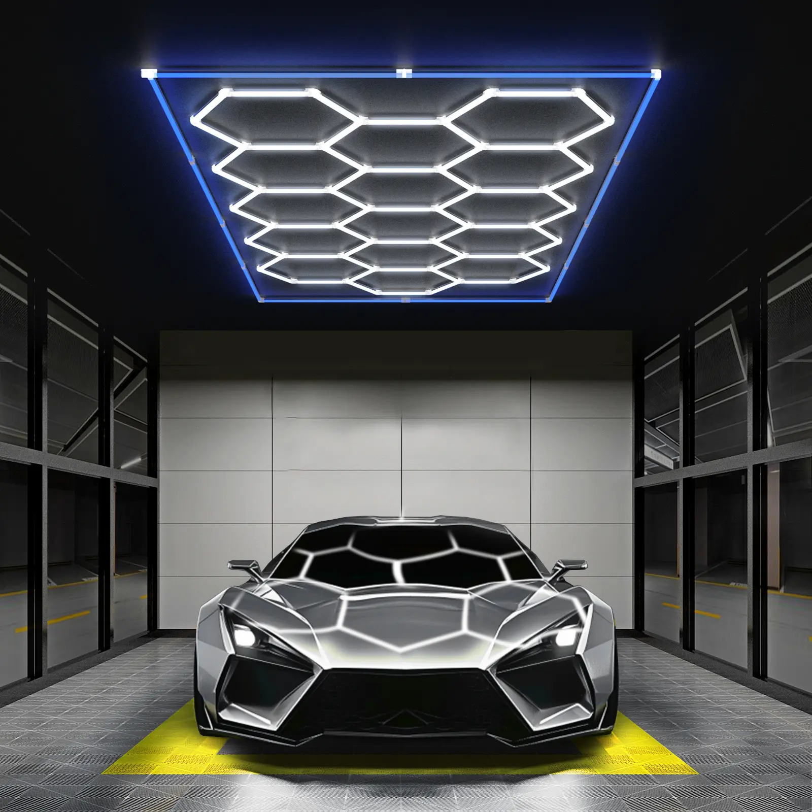 HYPERLITE All-New Creative Design 624W Hexagon DIY LED Garage Lighting System, 62400LM Honeycomb Ceiling Fixture with Colorful Outer Frame, 15-Hex Grids Plug-in Setup, Flicker-Free PC Panels Wide-Angle LED Shop Lights for Car Detailing Shops