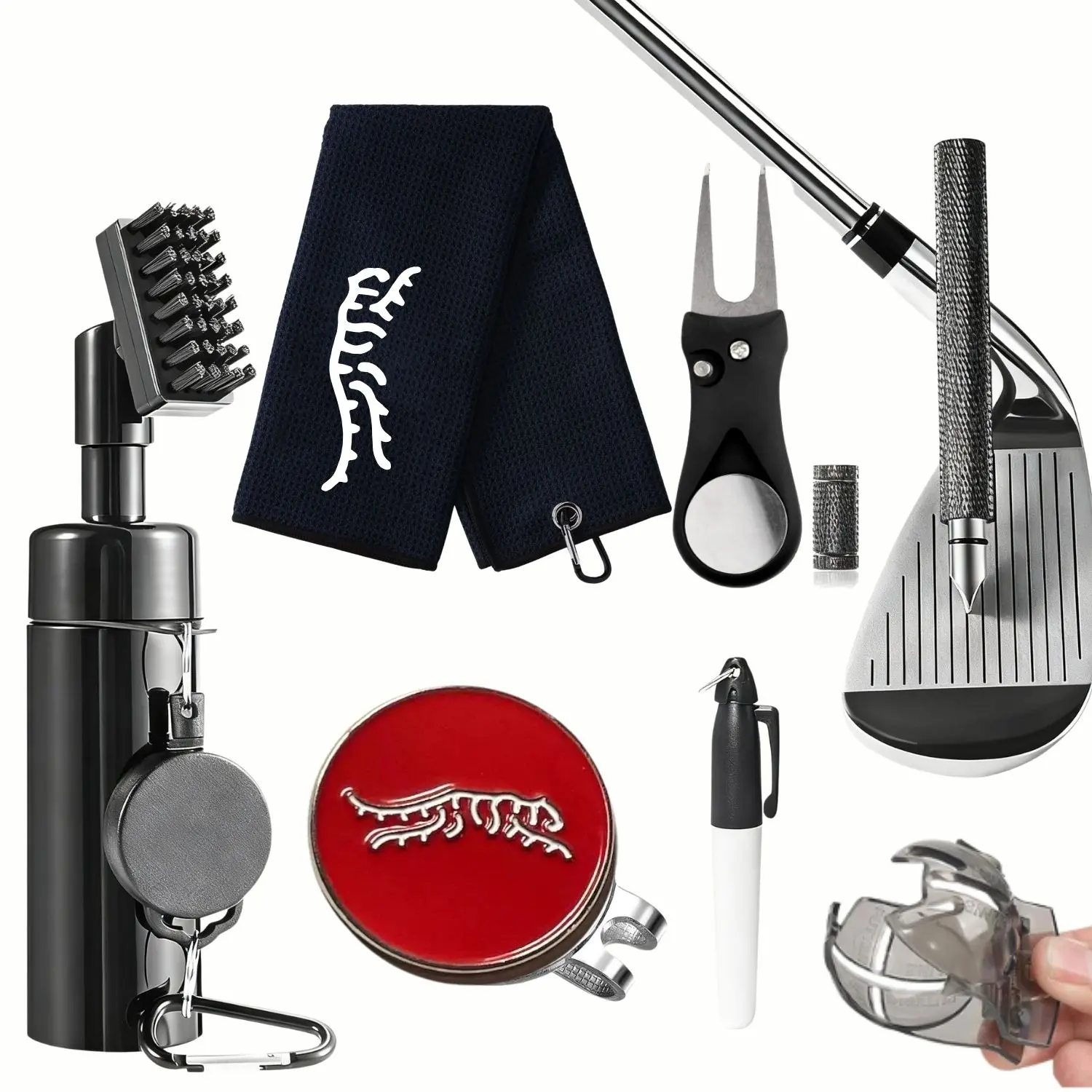 Golf Club Cleaning Kit, Includes Club Cleaner, Towel, Divot Repair Tool, Groove Sharpener & Ball Alignment Kit, Golf Accessories for Women & Men, Golf Gift Sets, Golf Gear