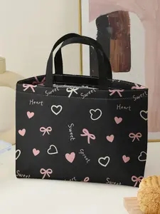 Heart Bow Pattern Tote Bag for Women, Portable Durable Lunch Bag, Cute Bento Bag and Picnic Bag, Large Capacity Casual Handbag for Food Delivery and Students