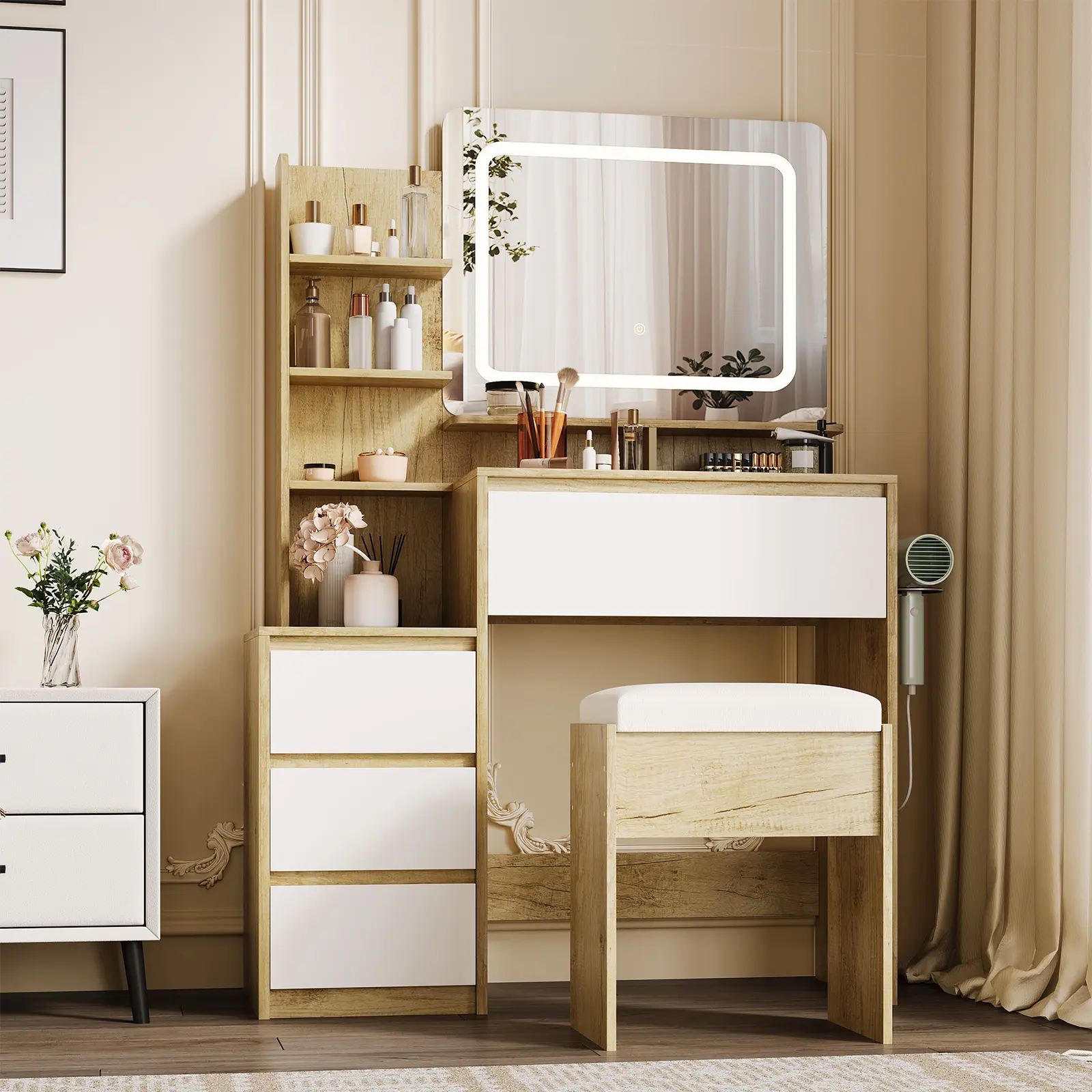 White/Black 36-Inch Vanity Desk with Mirror and Lights, 3-Color LED Vanity Mirror, Built-in Outlets, 4 Drawers & Matching Stool, Makeup Vanity Set for Bedroom & Women