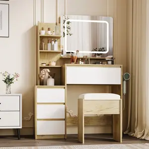 White/Black 36-Inch Vanity Desk with Mirror and Lights, 3-Color LED Vanity Mirror, Built-in Outlets, 4 Drawers & Matching Stool, Makeup Vanity Set for Bedroom & Women